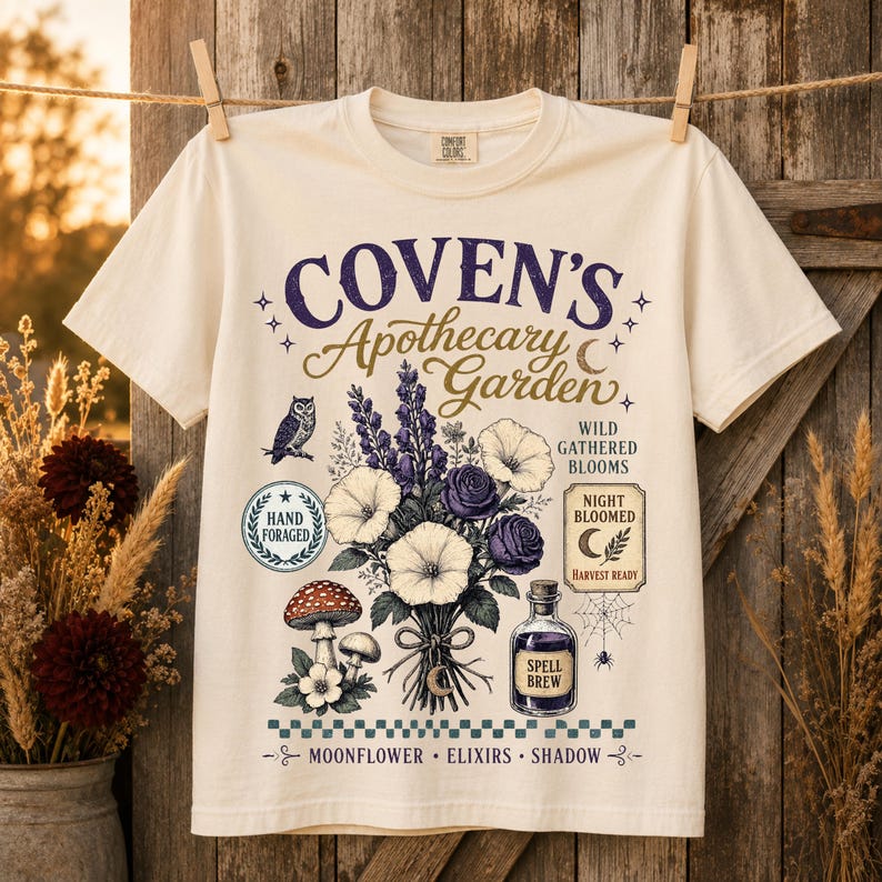 Vintage autumn shirt design featuring Retro Witch Herb Garden PNG with herbal magic illustration, floral bouquet, spell bottle, mushrooms, botanical clipart, and trendy witchy aesthetic.