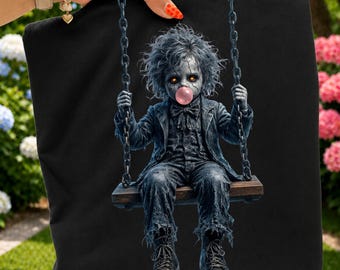Creepy Horror Doll Boy PNG | Vintage Halloween Sublimation Design | Swing Bubblegum Doll | Retro Spooky Shirt Graphic DTF