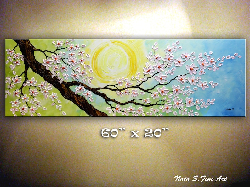 60 Cherry Blossom Painting on Canvas, Original Textured Floral Art, Japanese Sakura, Large Impasto Sakura Art, Home Wall Art by Nata S. image 1