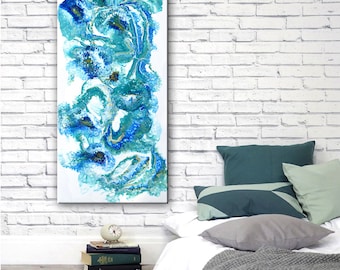 Abstract Painting, Extra Large Abstract Artwork, Acrylic on Canvas, Turquoise and White Abstract, Living Room Wall Decor, Abstract Wall Art