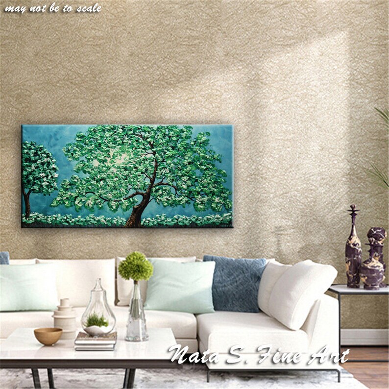 Turquoise Tree Painting Original Landscape Blossom Tree Art Etsy