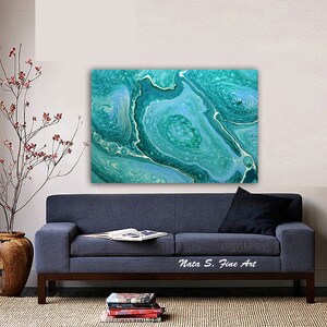 Turquoise Abstract Painting, Acrylic Pour Painting on Large Canvas, Pouring Fluid Art, Ready to Hang Art, Free Shipping art, Wall Art Decor image 4