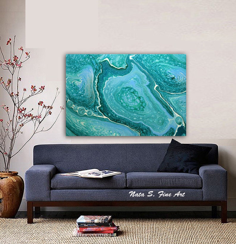 Turquoise Abstract Painting, Acrylic Pour Painting on Large Canvas, Pouring Fluid Art, Ready to Hang Art, Free Shipping art, Wall Art Decor image 4