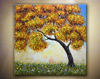 Fall Tree Painting on Canvas 30" x 30" Large Painting Ready to Hang Art Landscape Painting Autumn Artwork Old Tree Wall Art - Nata S