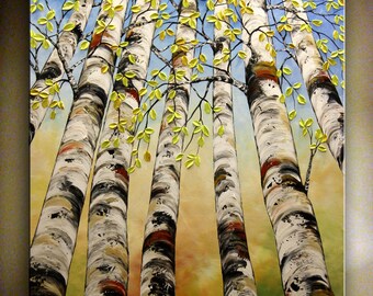 Large Original Birch Trees Painting, Extra Large Aspen Tree Art, Wall Art Décor, Landscape, Modern Forest Art, Vertical Wall Art by Nata