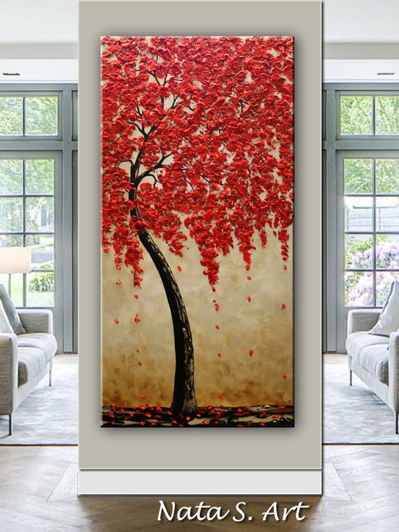 Large Red Tree Painting Vertical Wall Art Acrylic Painting Etsy