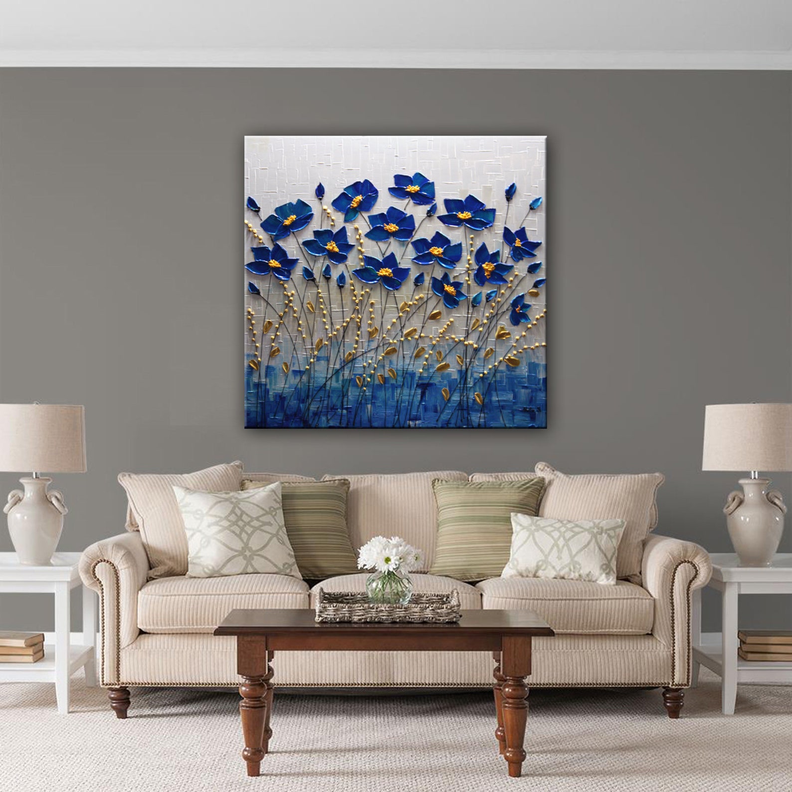 Abstract Textured Flowers Painting Blue White Artwork - Etsy