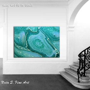 Turquoise Abstract Painting, Acrylic Pour Painting on Large Canvas, Pouring Fluid Art, Ready to Hang Art, Free Shipping art, Wall Art Decor image 8