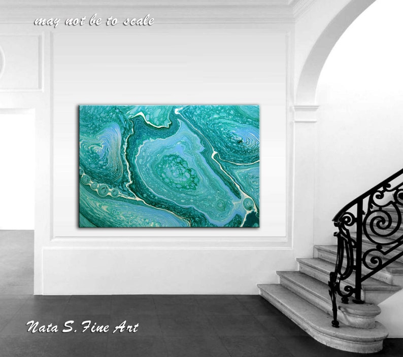 Turquoise Abstract Painting, Acrylic Pour Painting on Large Canvas, Pouring Fluid Art, Ready to Hang Art, Free Shipping art, Wall Art Decor image 8