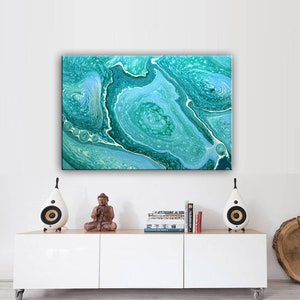 Turquoise Abstract Painting, Acrylic Pour Painting on Large Canvas, Pouring Fluid Art, Ready to Hang Art, Free Shipping art, Wall Art Decor image 7