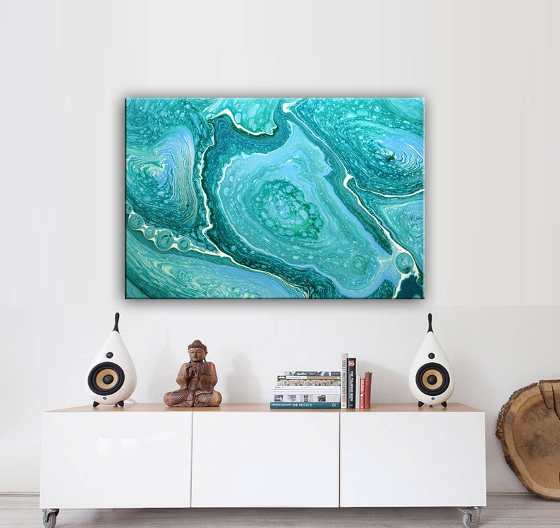 Turquoise Abstract Painting, Acrylic Pour Painting on Large Canvas, Pouring Fluid Art, Ready to Hang Art, Free Shipping art, Wall Art Decor image 7