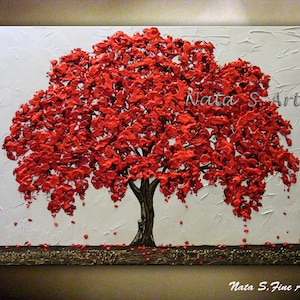Textured Red Tree Painting, Landscape, Red Oak Painting, Canvas Art, Fall Tree Painting, Contemporary Art, Fall Tree Painting, Palette Knife Art, Blossom Tree Art.
