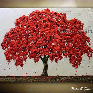 Textured Red Tree Painting, Landscape, Red Oak Painting, Canvas Art, Fall Tree Painting, Contemporary Art, Fall Tree Painting, Palette Knife Art, Blossom Tree Art.