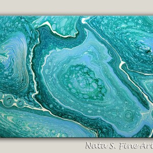 Turquoise Abstract Painting, Acrylic Pour Painting on Large Canvas, Pouring Fluid Art, Ready to Hang Art, Free Shipping art, Wall Art Decor image 5