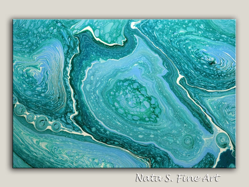 Turquoise Abstract Painting, Acrylic Pour Painting on Large Canvas, Pouring Fluid Art, Ready to Hang Art, Free Shipping art, Wall Art Decor image 5