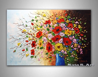 Original Abstract Flowers Painting Large Acrylic Painting on Canvas Colorful Bouquet of Flowers Large Wall Art Home/Office Decor by Nata S.