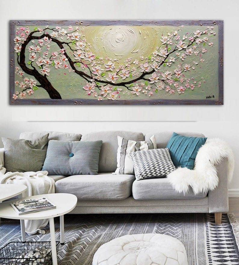 Blossom Sakura Painting, Extra Large Textured Floral Art, Asian Blossoms Original Painting, Palette Knife Art, Home Wall Decor by Nata S. image 4