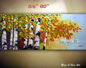 Autumn Forest Painting, Fall Tree Art, Birch Forest Painting, Ready to Hang Artwork, Large Original Painting, Living Room Wall Art by Nata S