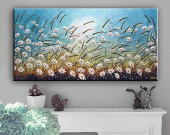 Daisy Painting, Original Daisy Field Painting, Textured Flowers Art, Landscape on Canvas, Floral Painting, Large Wall Art by Nata