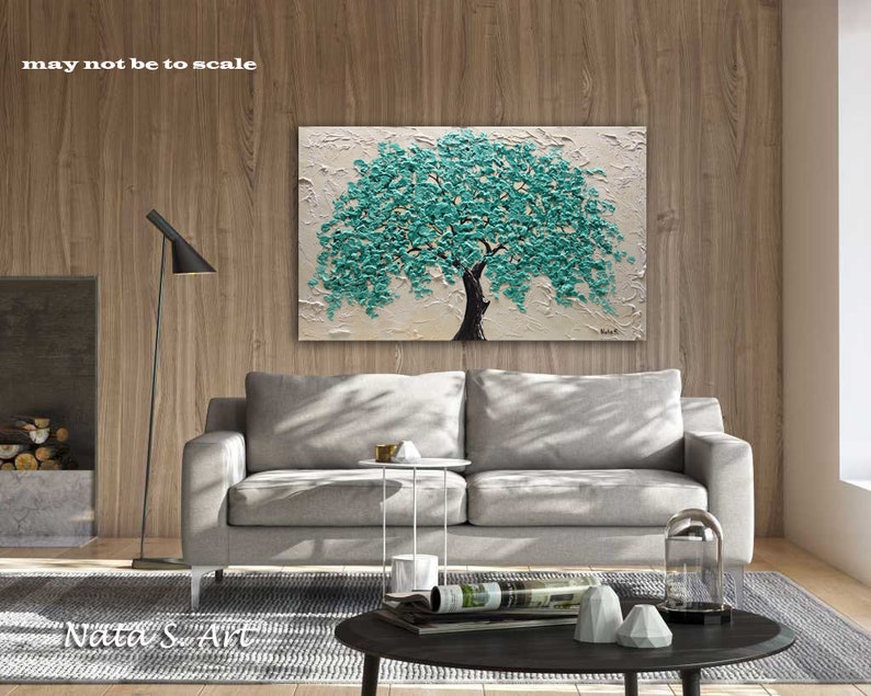 Turquoise Tree Painting Blossom Tree Art Textured Tree Etsy