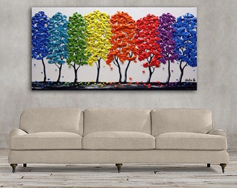 Art Painting Landscape Tree Forest Rainbow Abstract Canvas hand painted original 