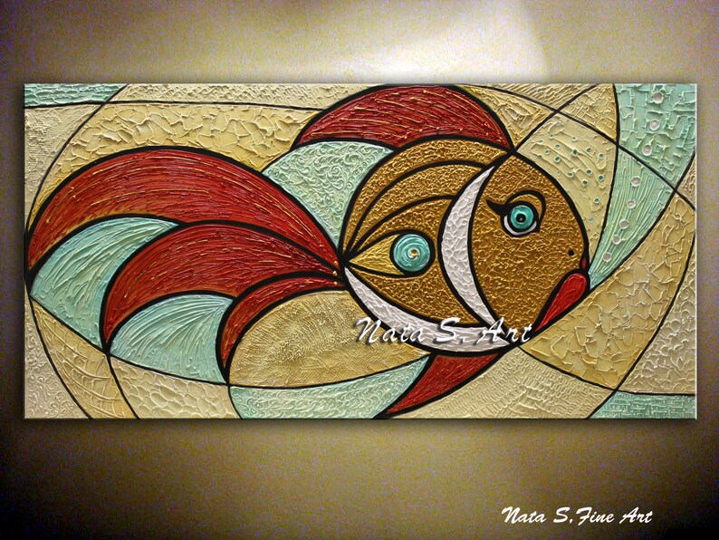 Original Fish Painting Abstract Fish Art Large Gold Fish Etsy