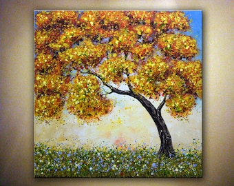 Large Fall Tree Painting, Autumn Art, Textured Painting, Large Canvas Art, Acrylic Painting, Ready to Hang Art, Living Room Wall Art by Nata