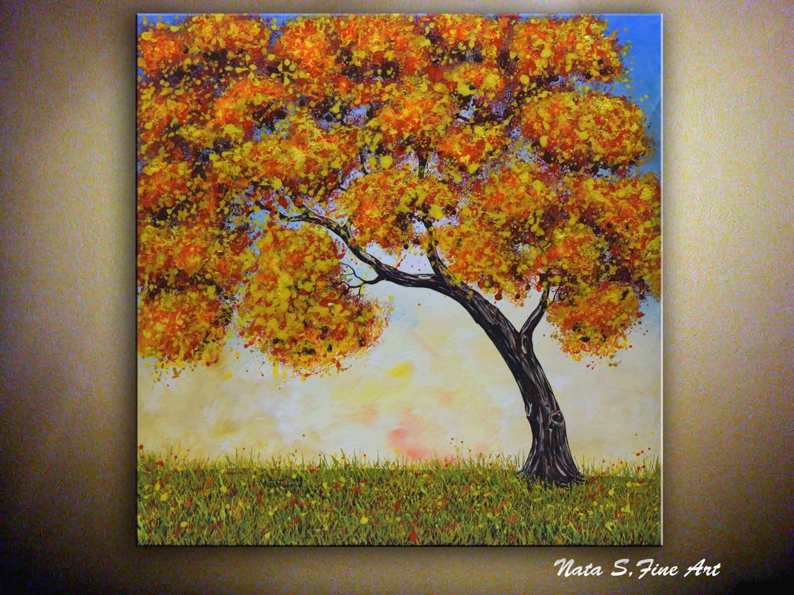 Art & Collectibles Fall painting Living room art Oak tree painting