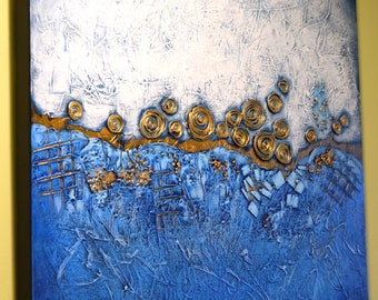 Blue and Gold Painting Large Modern Textured Art Colorful Blue Gold White Painting Ready to Hang Art Living Room Wall Art by Nata S