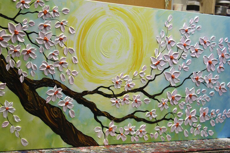 60 Cherry Blossom Painting on Canvas, Original Textured Floral Art, Japanese Sakura, Large Impasto Sakura Art, Home Wall Art by Nata S. image 5