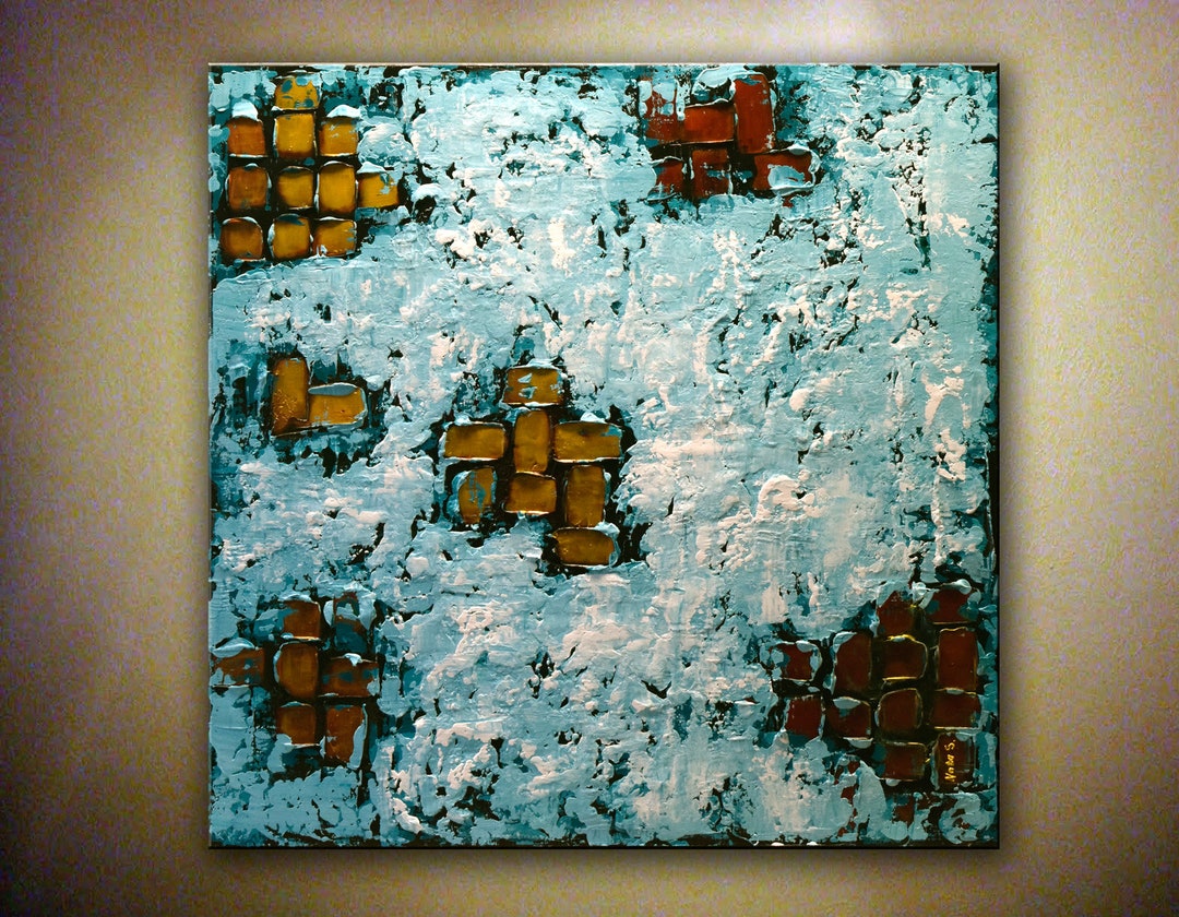 Heavy Textured Abstract Painting Turquoise Blue Gold Etsy
