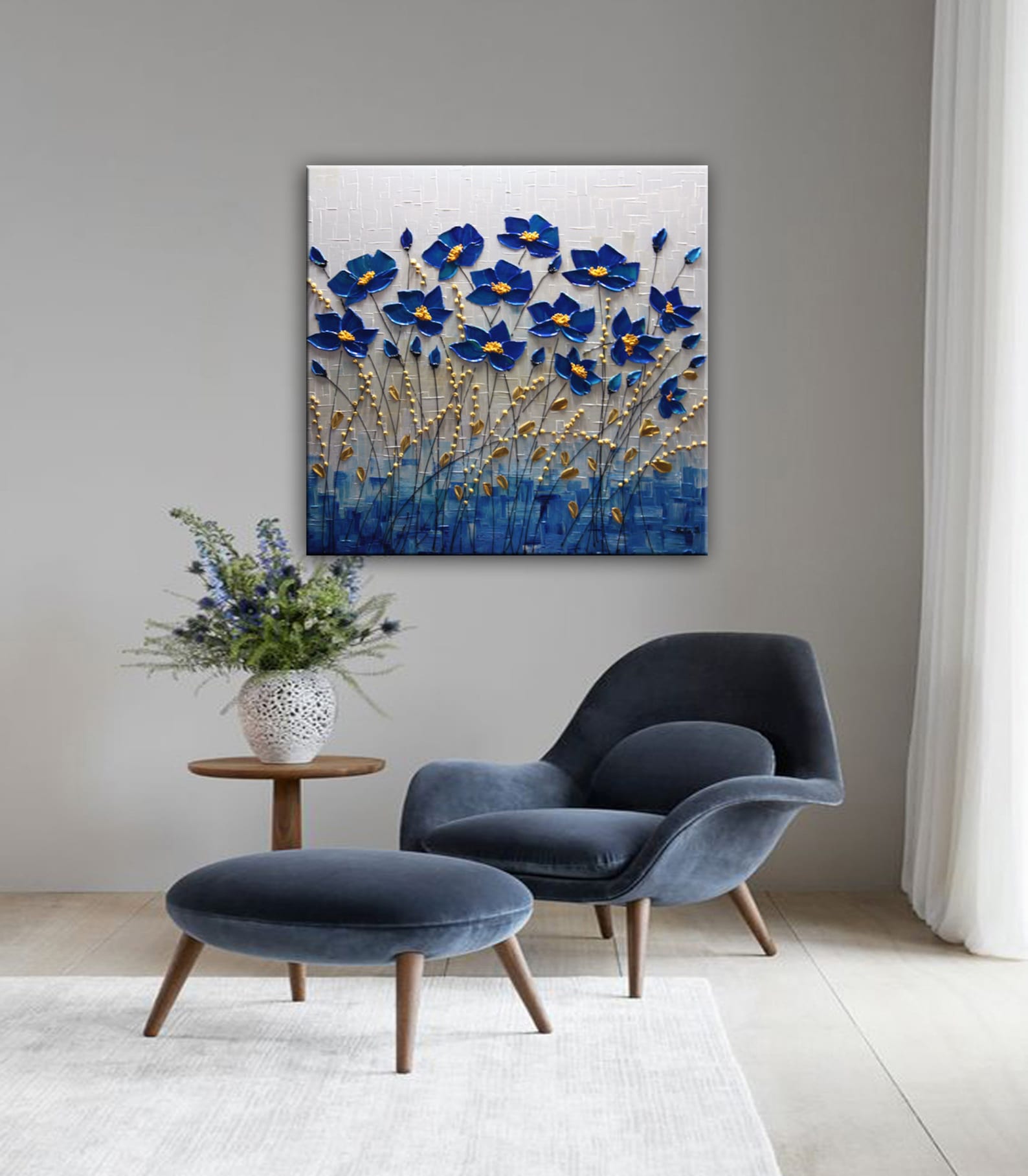 Abstract Textured Flowers Painting Blue White Artwork - Etsy