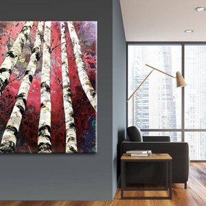 Birch Tree Painting, Red Forest Abstract Art, Landscape Painting, Canvas Art, Aspen Tree Painting, Housewarming Art, Large Painting by Nata