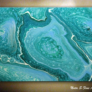 Turquoise Abstract Painting, Acrylic Pour Painting on Large Canvas, Pouring Fluid Art, Ready to Hang Art, Free Shipping art, Wall Art Decor image 1