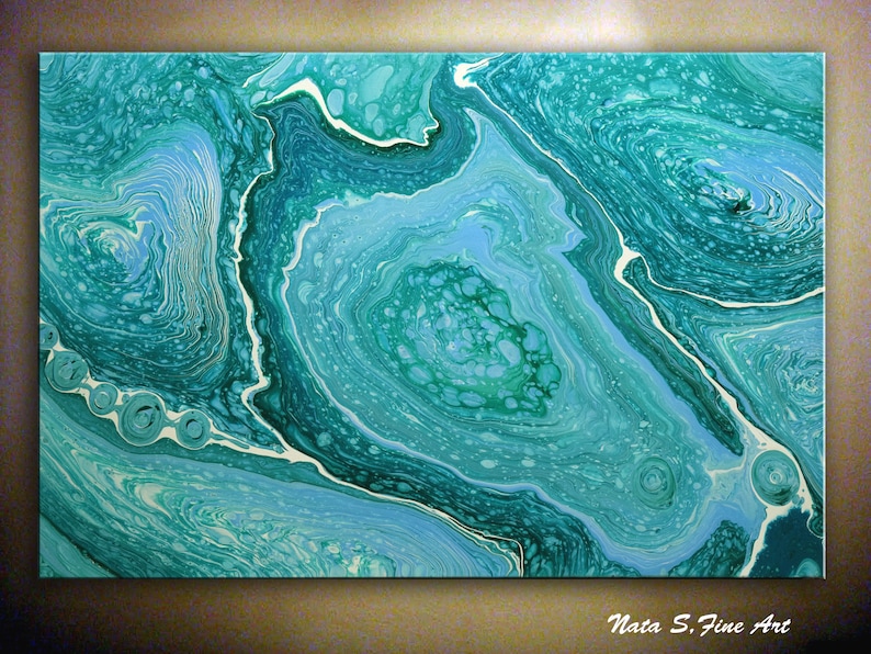 Turquoise Abstract Painting, Acrylic Pour Painting on Large Canvas, Pouring Fluid Art, Ready to Hang Art, Free Shipping art, Wall Art Decor image 1