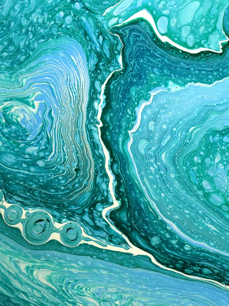 Turquoise Abstract Painting, Acrylic Pour Painting on Large Canvas, Pouring Fluid Art, Ready to Hang Art, Free Shipping art, Wall Art Decor image 2