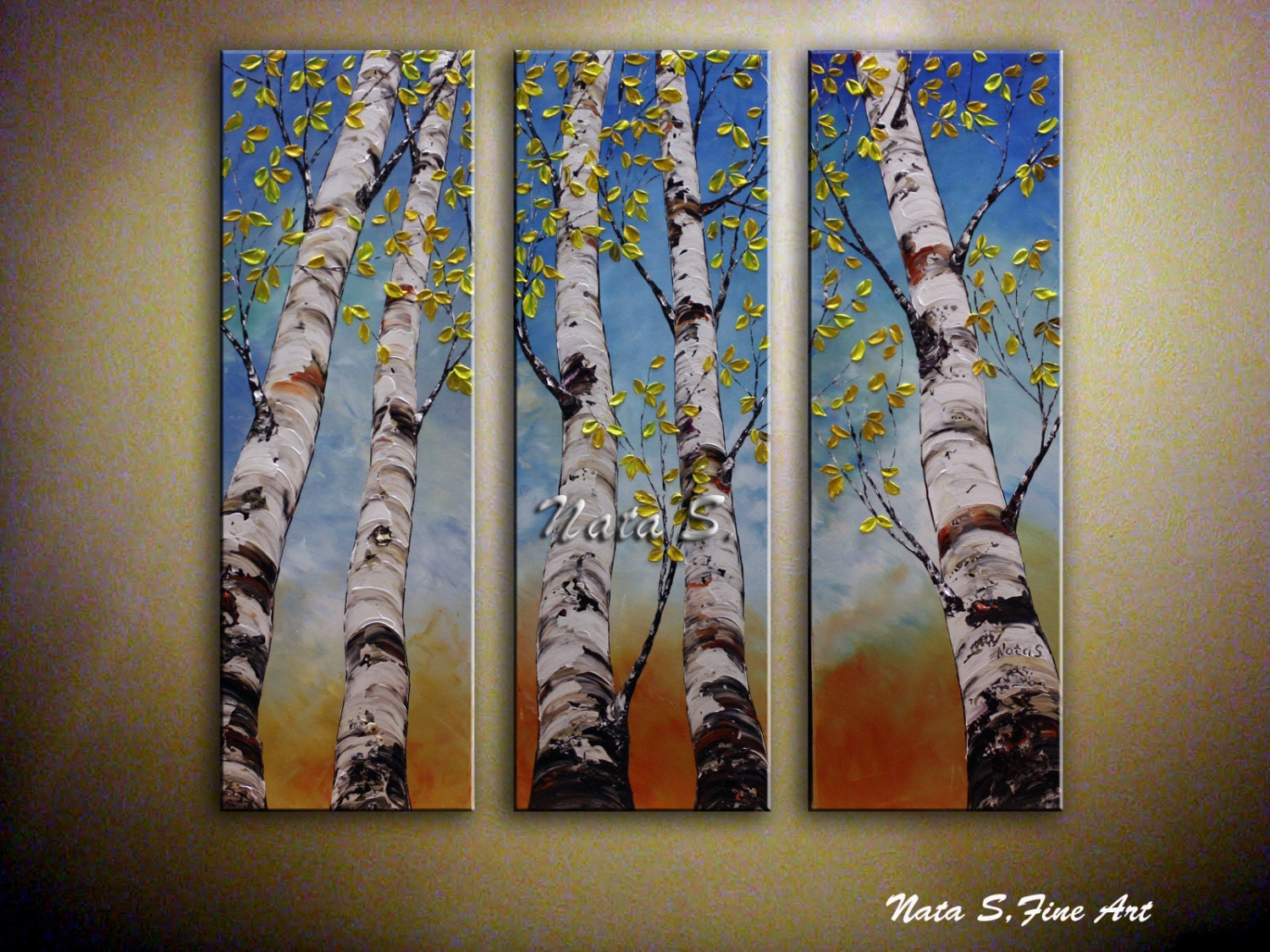 Birch Tree Painting Triptych Wall Art Tall Tree Painting Etsy