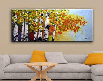 Fall Tree Painting, Birch Forest Painting, Autumn Colors, Texture Landscape, Large Canvas Art, Free Shipping, Living Room Wall Art by Nata S