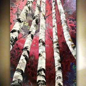 Red Forest Original Large Painting on Canvas, Birch Tree Painting, Vertical Wall Art, Contemporary Art, Living Room Wall Art by Nata S.