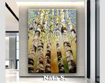 Large Original Birch Trees Painting, Extra Large Aspen Tree Art, Wall Art Décor, Landscape, Modern Forest Art, Vertical Wall Art by Nata