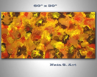 60" Abstract Extra Large Painting, Gold Yellow Red Brown Art, Original Acrylic Painting, Modern Wall Decor, Home & Office Wall Art by Nata