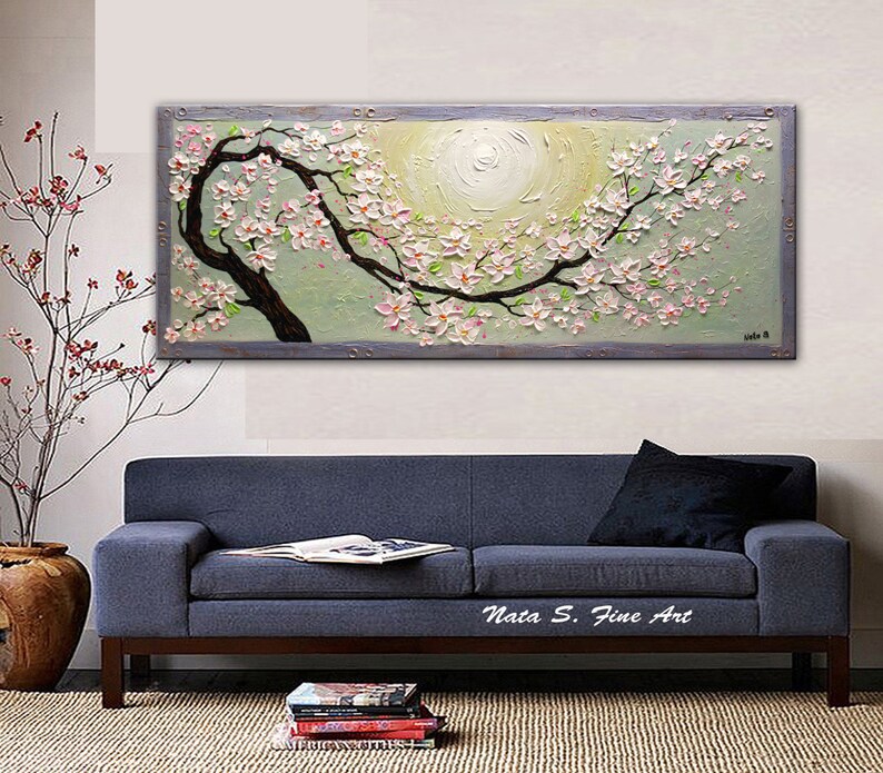 Blossom Sakura Painting, Extra Large Textured Floral Art, Asian Blossoms Original Painting, Palette Knife Art, Home Wall Decor by Nata S. image 2