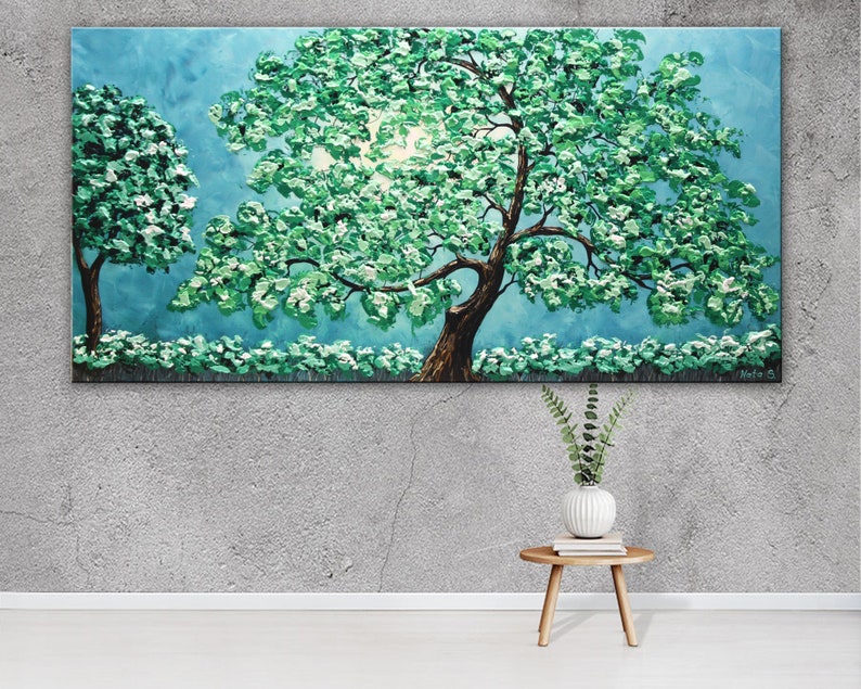 Turquoise Tree Painting Original Landscape Blossom Tree Art Etsy