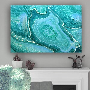 Turquoise Abstract Painting, Acrylic Pour Painting on Large Canvas, Pouring Fluid Art, Ready to Hang Art, Free Shipping art, Wall Art Decor image 6