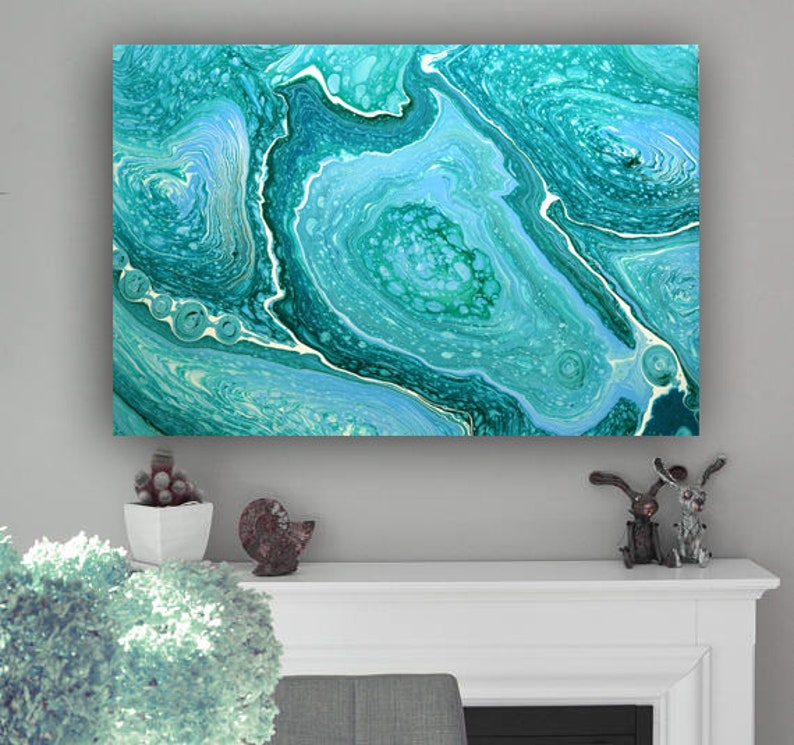 Turquoise Abstract Painting, Acrylic Pour Painting on Large Canvas, Pouring Fluid Art, Ready to Hang Art, Free Shipping art, Wall Art Decor image 6