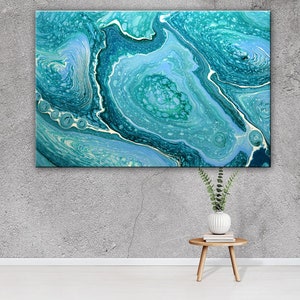 Turquoise Abstract Painting, Acrylic Pour Painting on Large Canvas, Pouring Fluid Art, Ready to Hang Art, Free Shipping art, Wall Art Decor image 3