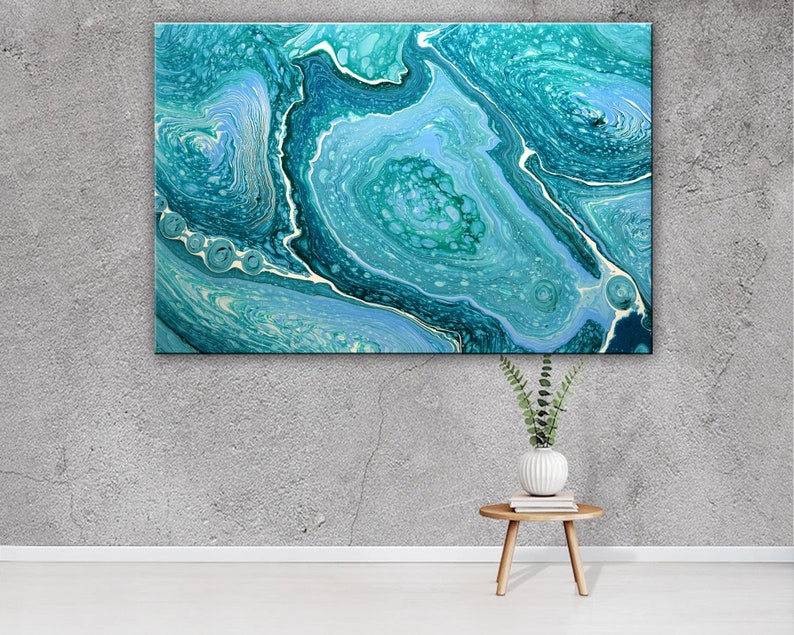 Turquoise Abstract Painting, Acrylic Pour Painting on Large Canvas, Pouring Fluid Art, Ready to Hang Art, Free Shipping art, Wall Art Decor image 3