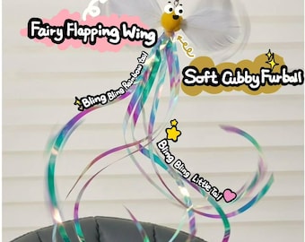 Juguete de varita con plumas para gatos, con mecanismo retráctil y cintas de arcoíris, para juego interactivo.