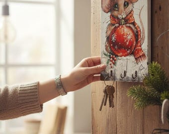 Key hanger, Christmas, scarf hanger, lanyard hanger, decoration, old board, hand-painted, handmade.