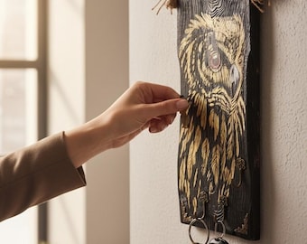 Owl hanger, for keys, scarf, kitchen utensils, old board, hand-painted.